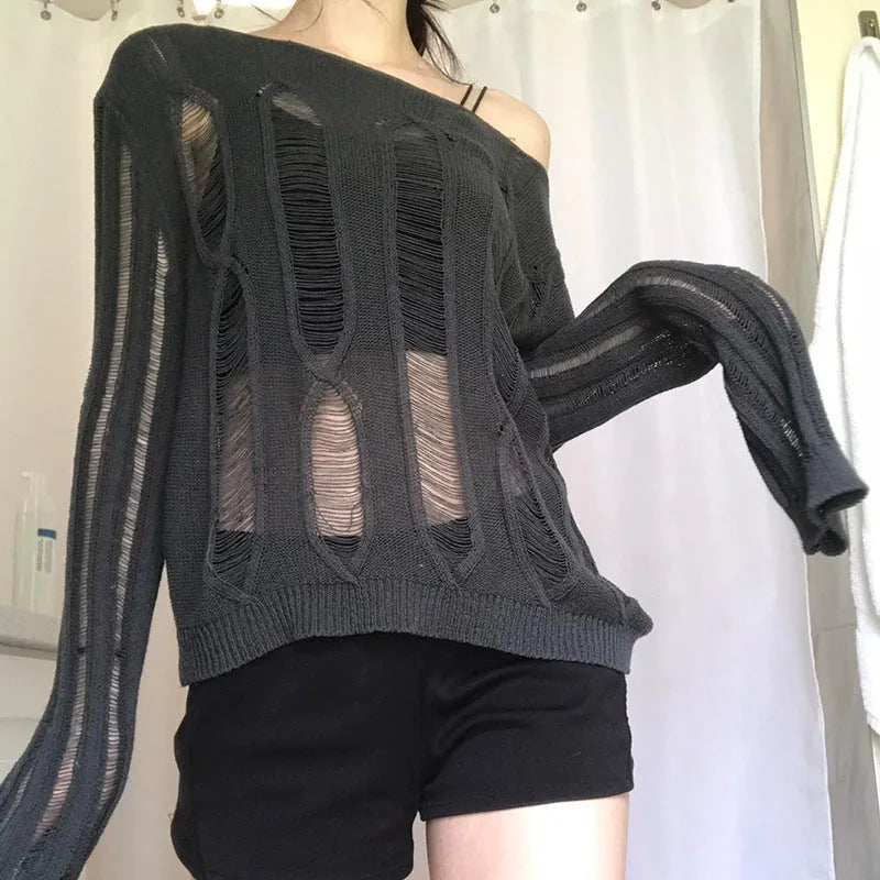 Women's crew neck long sleeve loose hollow-out acrylic sweater in dark gray, front view