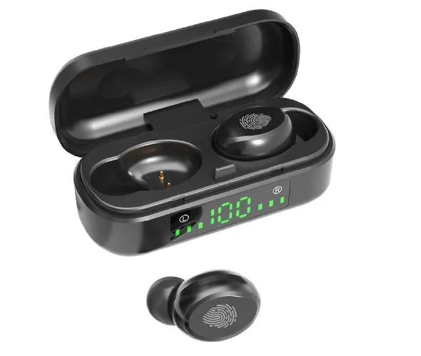 Black V8 sports wireless Bluetooth headset with earplug design showing battery display