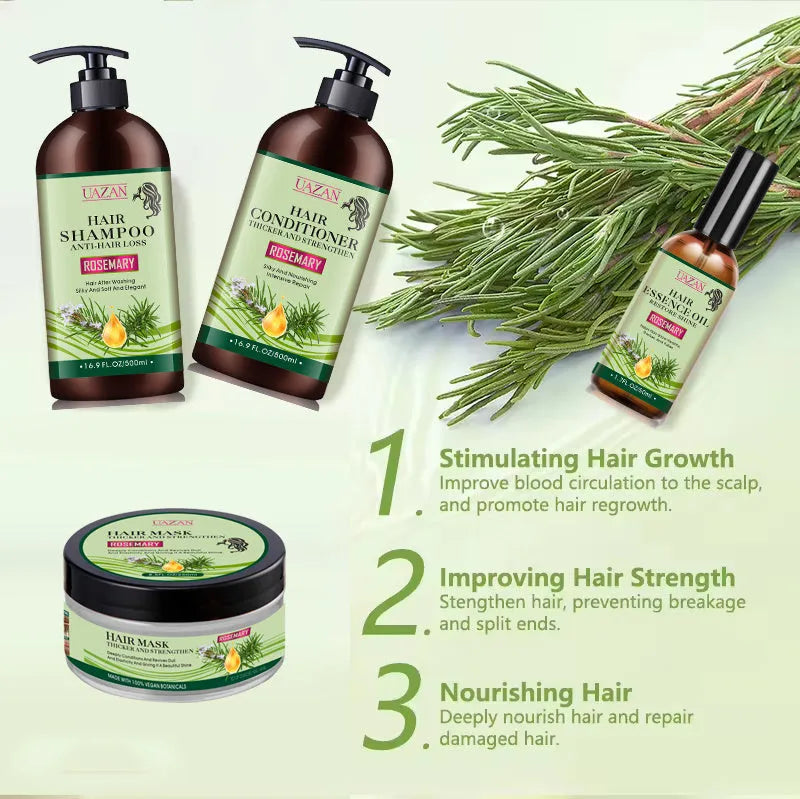 Rosemary shampoo and conditioner set with 500ml bottles, 250ml hair mask, and 50ml hair care oil