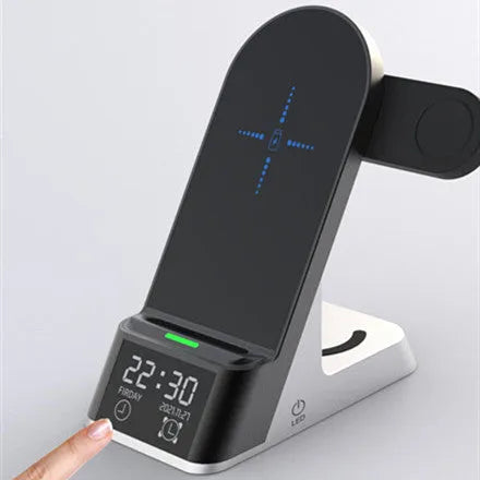 Creative H35 multifunctional wireless charging station with alarm clock in black, showing phone, watch, and earbud charging pads