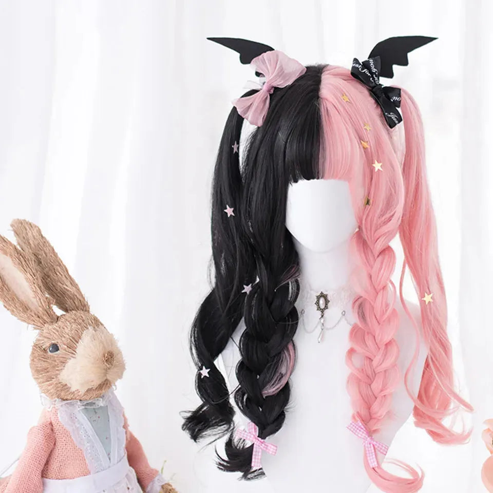 Harajuku Japanese Lolita long curly black and pink wig with bangs for cosplay.