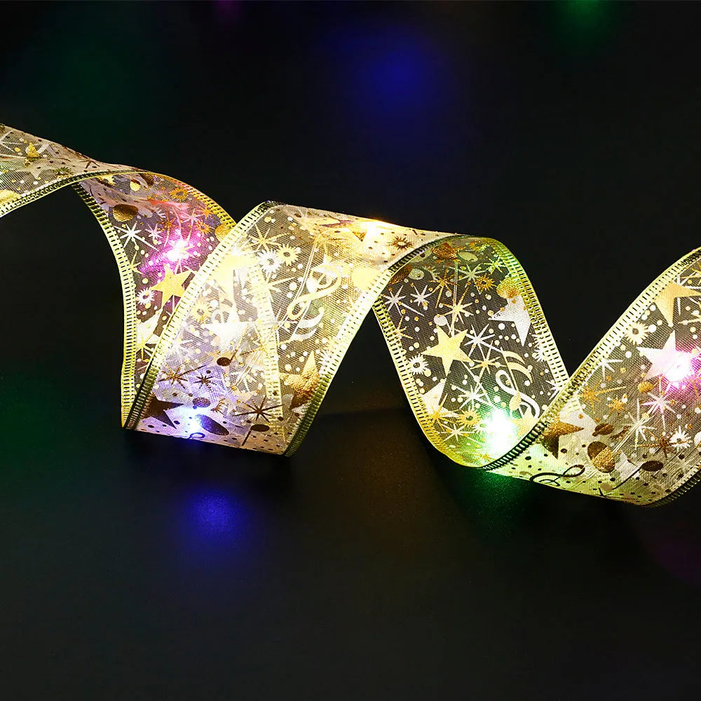 Christmas fairy lights ribbon with LED lights in cloth material, available in gold and silver colour options