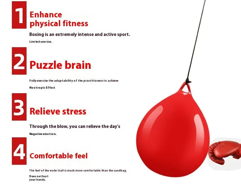 Red water filled PVC boxing reaction ball with hook rope attachment for martial arts training