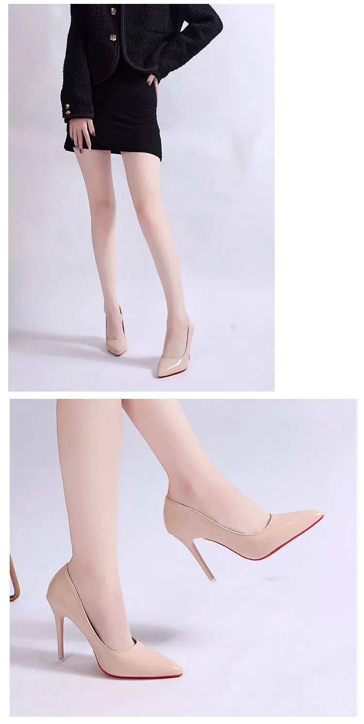 Women's black stiletto heel pump with pointed toe and shallow cut on a white background.