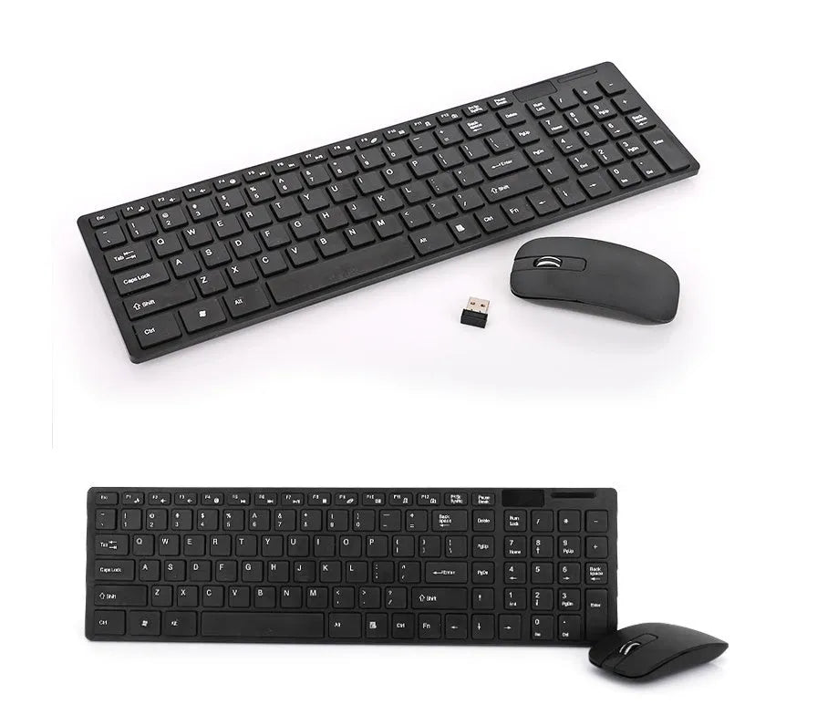 HK-06 wireless keyboard and mouse set in black or white, 2.4GHz with shared USB receiver, keyboard 38.5cm wide, mouse 600-1200 DPI.