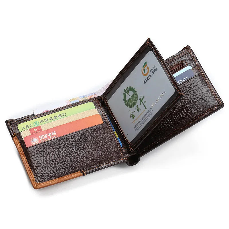 Horizontal cowhide leather wallet with personalised stitching, open to show card slots and a zipper compartment.