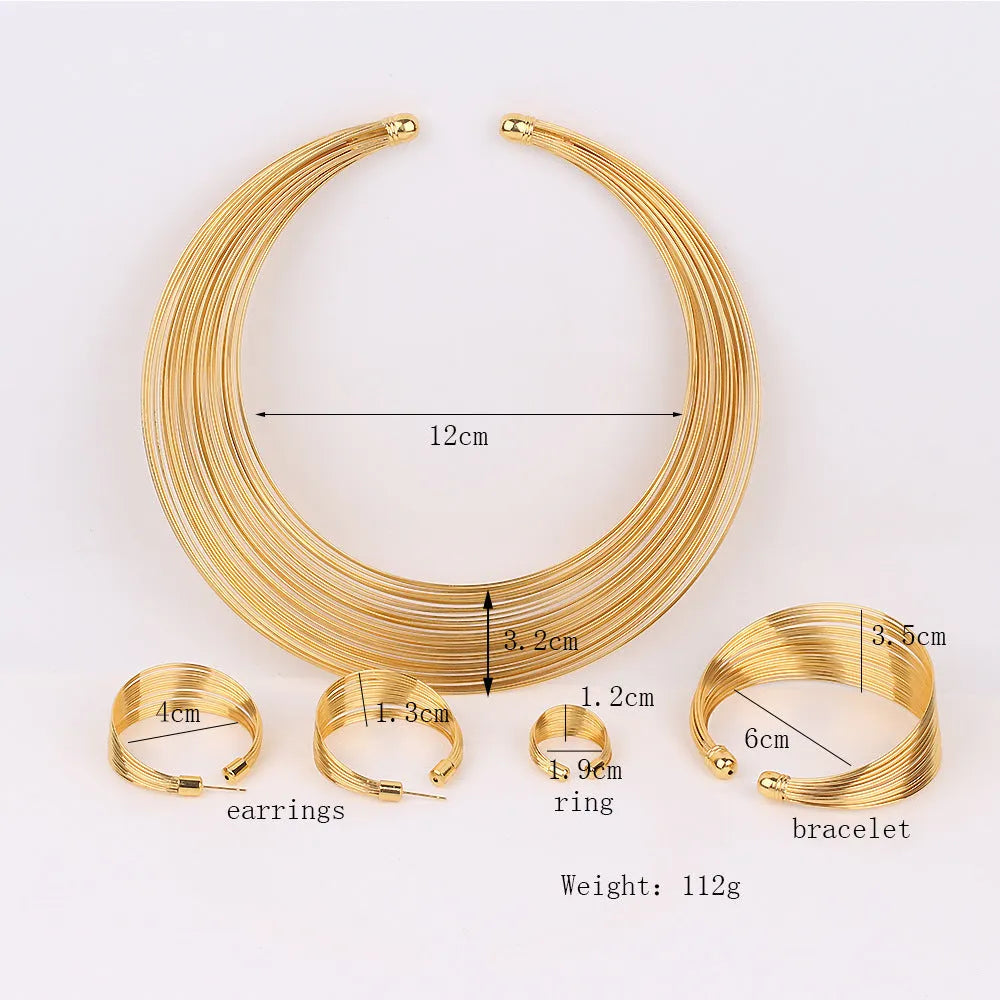 Women's jewellery set with alloy multi-layer bracelet, ring, and earrings in exotic style electroplated finish