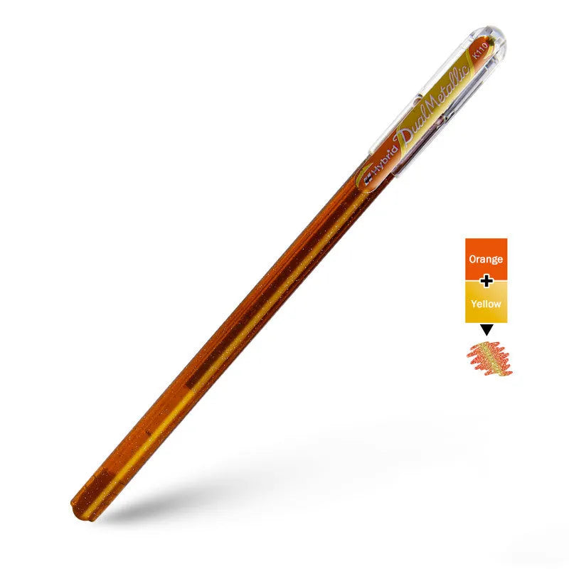 K110 model 1.0mm tip pearlescent glitter gel pen in eight colour options on white paper.