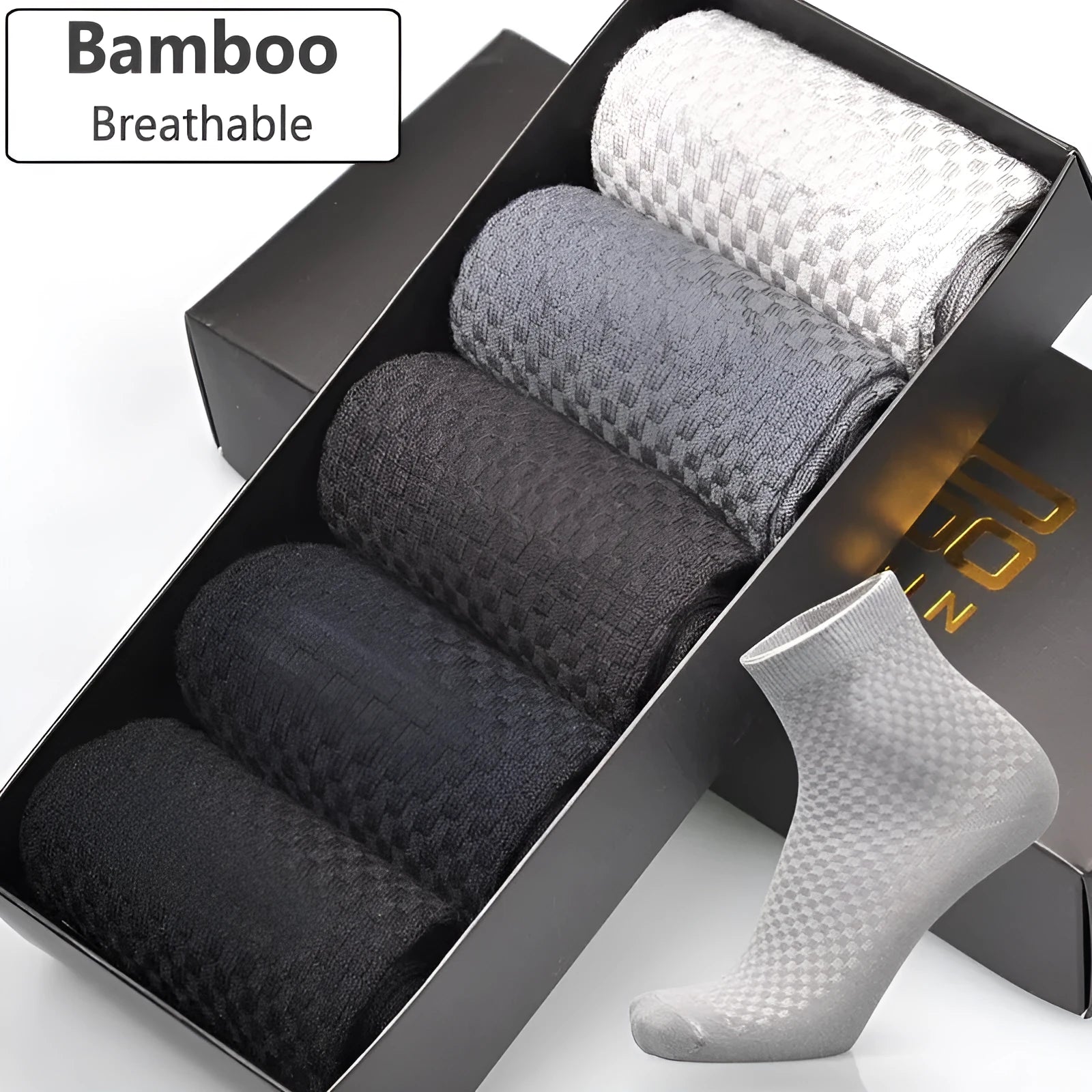 Pair of men's bamboo fibre business socks with small square pattern, shown in navy blue.