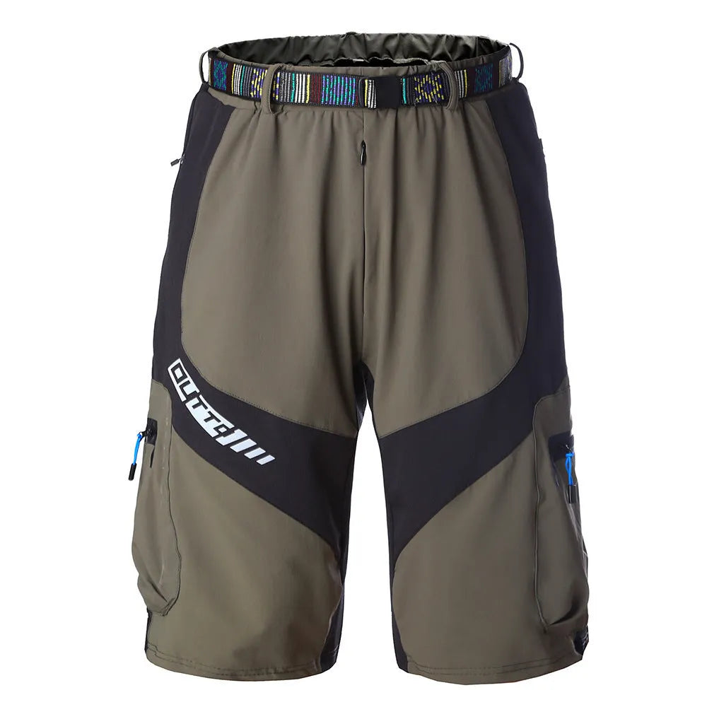 Men's five-point length off-road mountain bike cycling shorts in black, side view.
