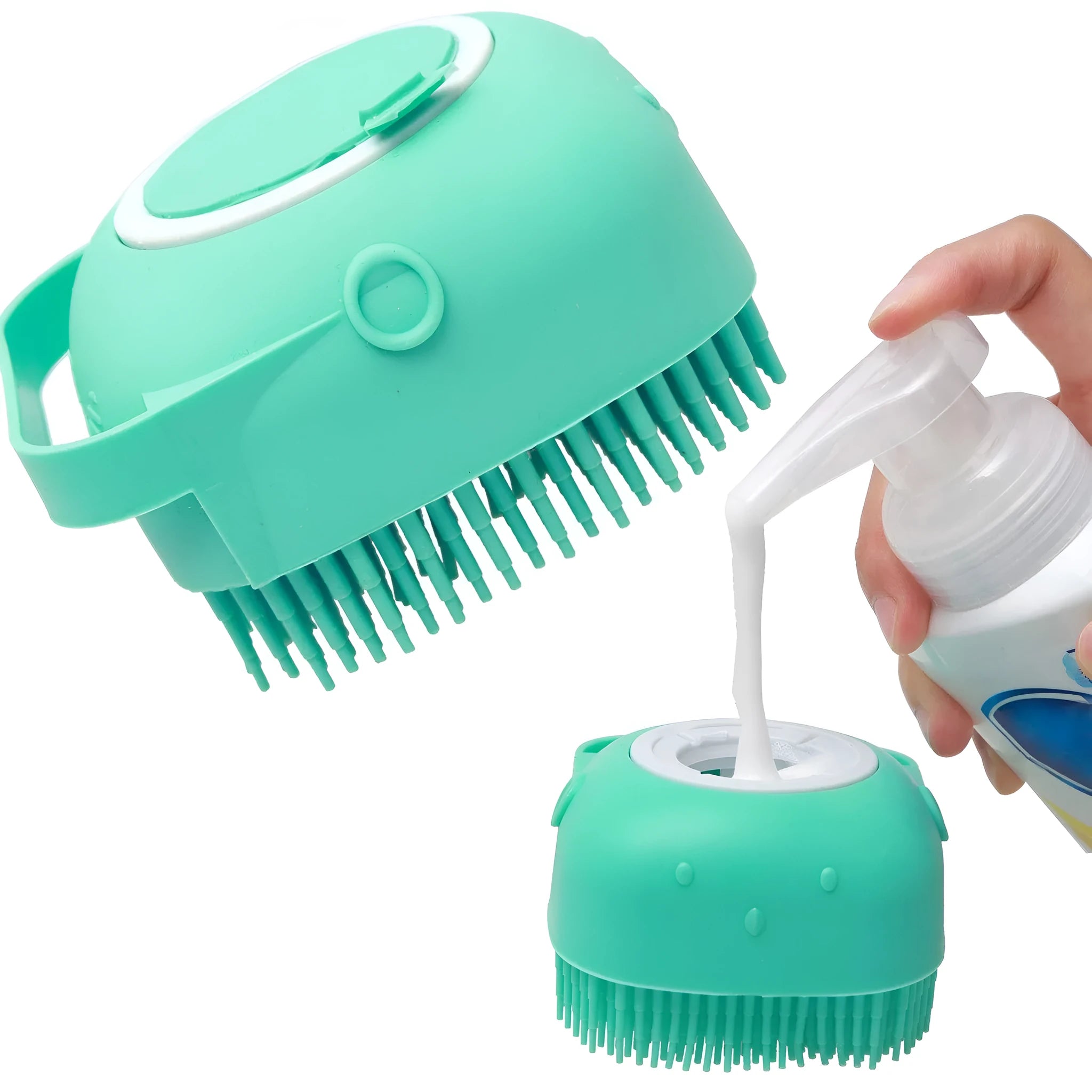 Blue silicone pet shampoo massager brush with soap dispenser for grooming short hair dogs and cats