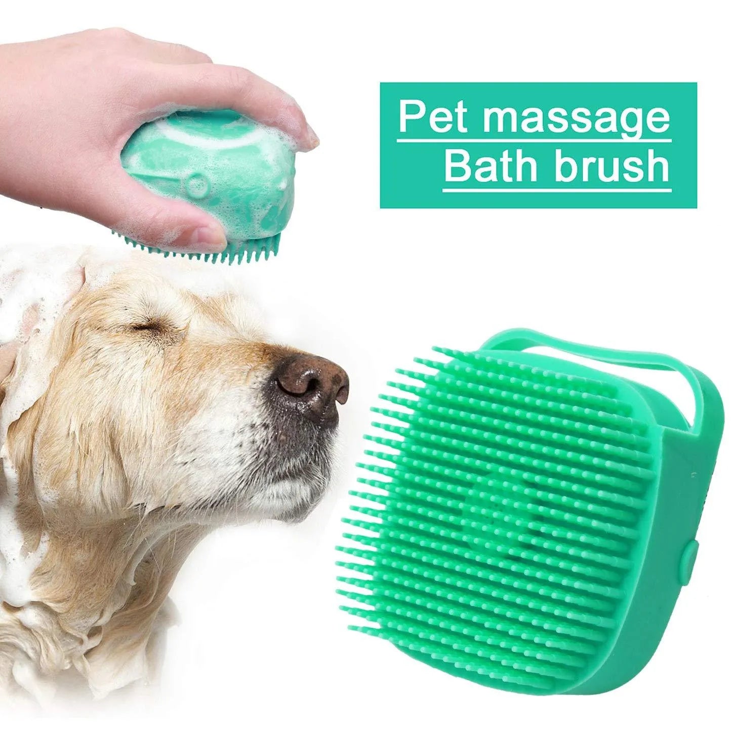 Blue silicone pet shampoo massager brush with soap dispenser for grooming short hair dogs and cats