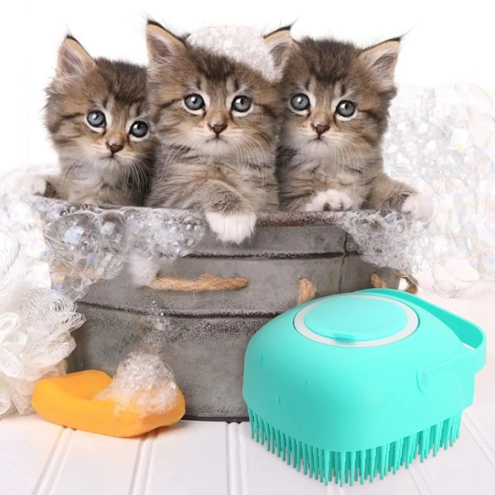 Blue silicone pet shampoo massager brush with soap dispenser for grooming short hair dogs and cats
