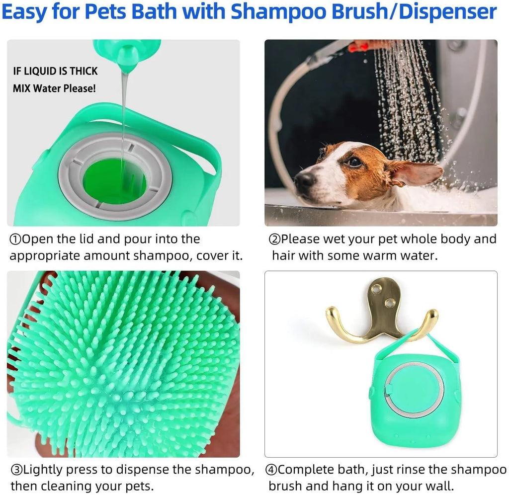 Blue silicone pet shampoo massager brush with soap dispenser for grooming short hair dogs and cats