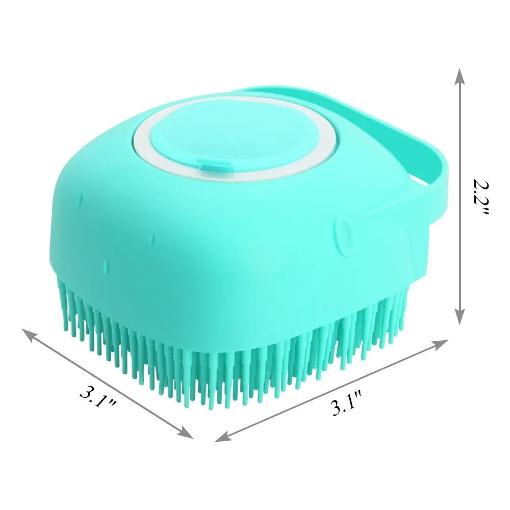 Blue silicone pet shampoo massager brush with soap dispenser for grooming short hair dogs and cats