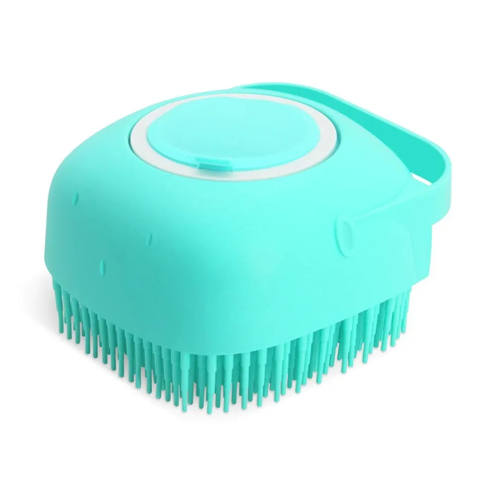 Blue silicone pet shampoo massager brush with soap dispenser for grooming short hair dogs and cats