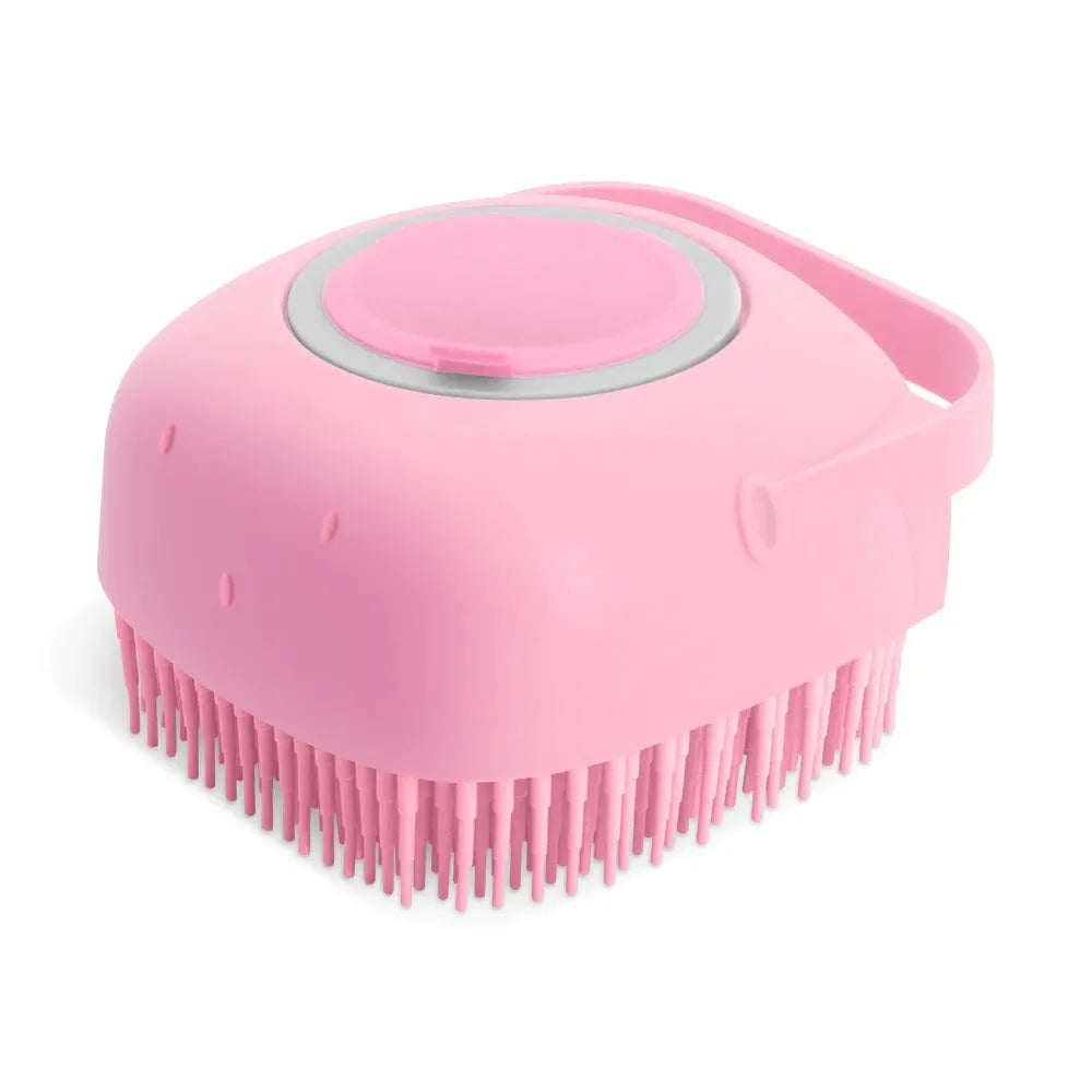 Blue silicone pet shampoo massager brush with soap dispenser for grooming short hair dogs and cats