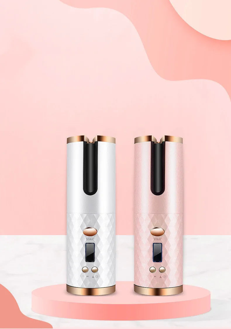 Black rechargeable automatic hair curler with LCD display and rotating ceramic barrel.