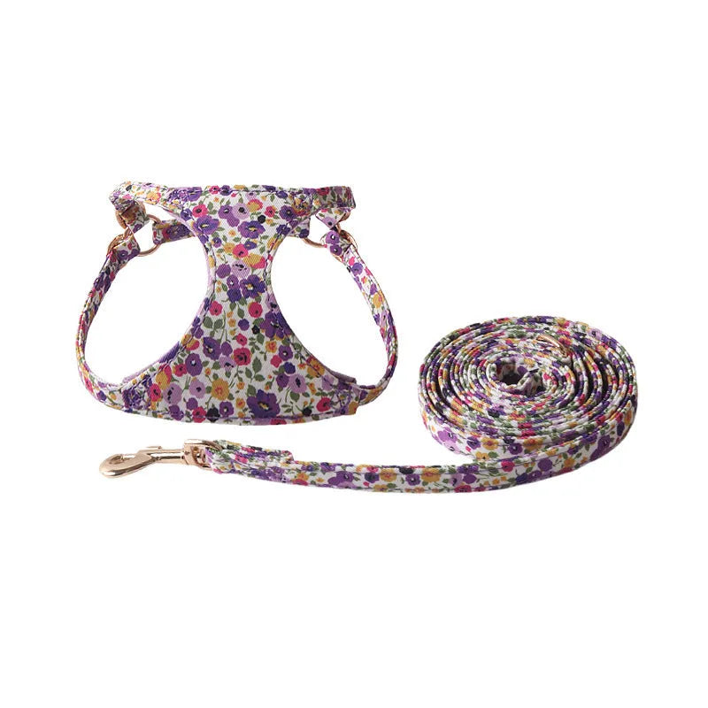Floral series pet harness suit with attached leash for small dogs in multiple colour options