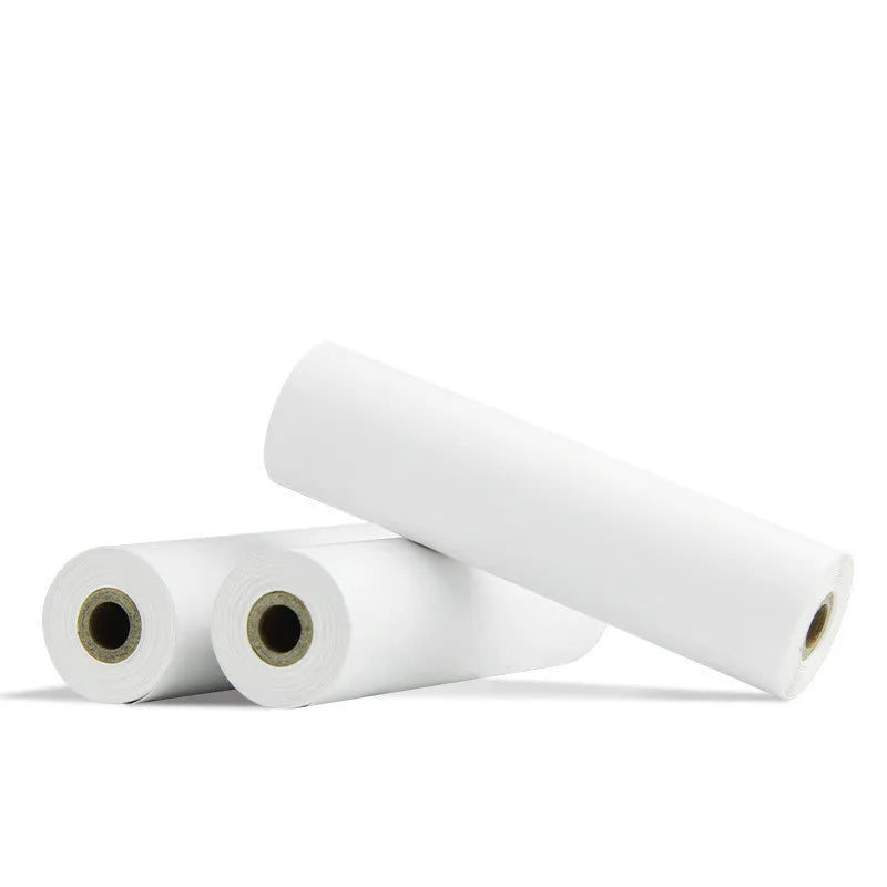 Three rolls of 110mm x 30mm thermal paper with adhesive backing on a white surface