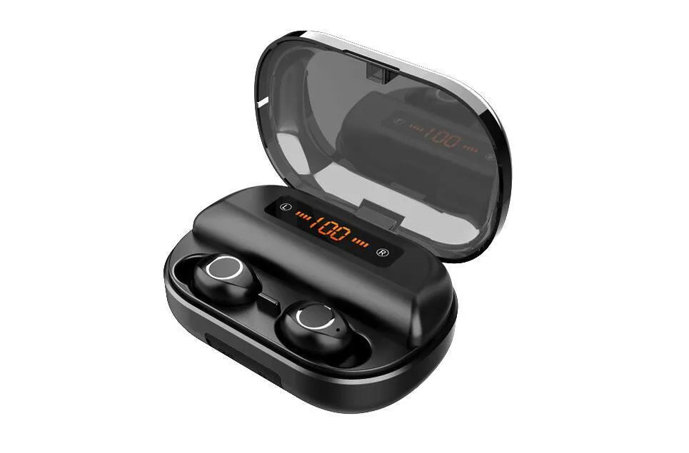 Wireless Bluetooth headset earbud in black with battery display