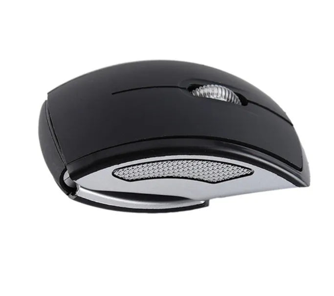 Black wireless foldable mouse with nano receiver and 2.4GHz connectivity, 1600CPI optical sensor, compact size 8.5x6x3.5 cm