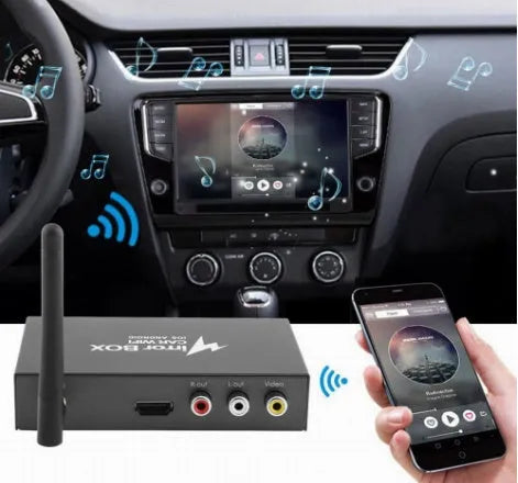 Black car mirror link box Wi-Fi converter with power cable, antenna, and AV cable for smartphone screen mirroring.