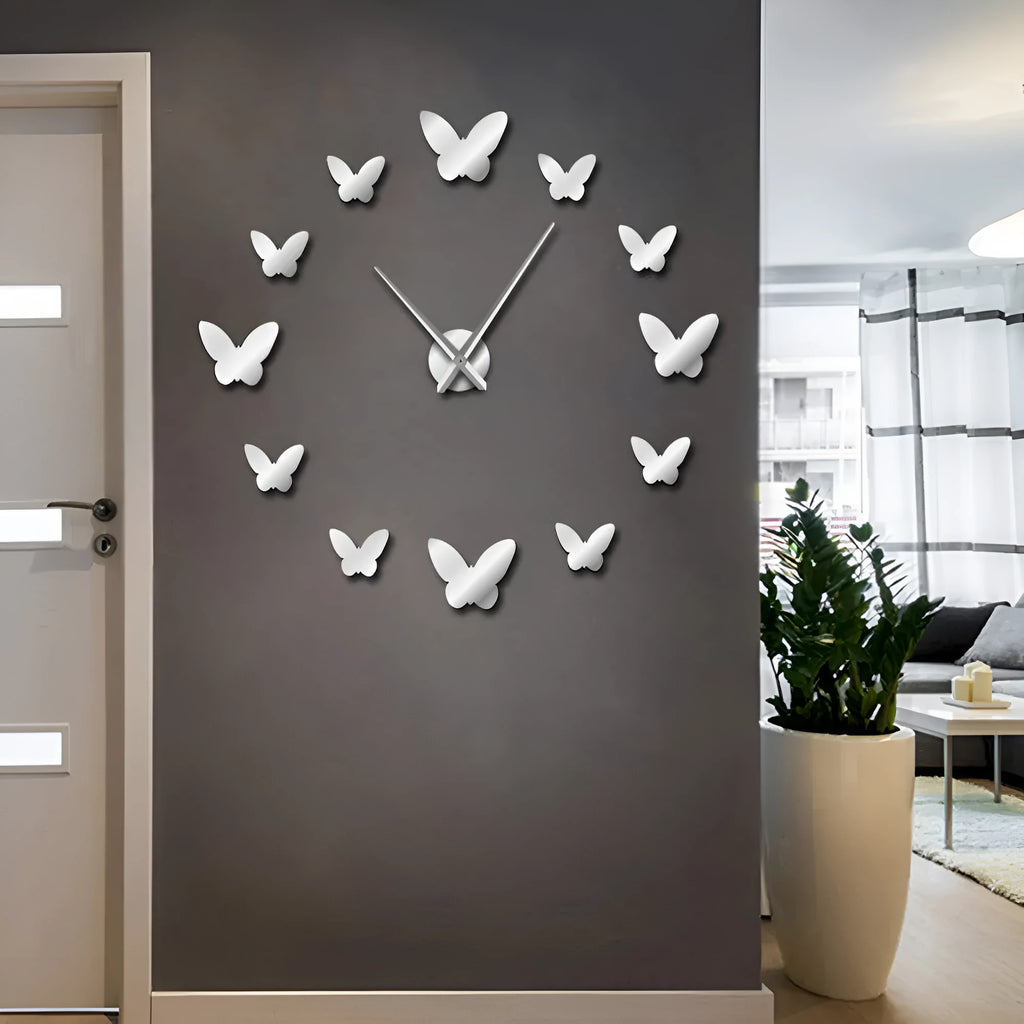 3D mirror butterfly wall clock, round Scandinavian style, available in black, gold or silver, digital display.
