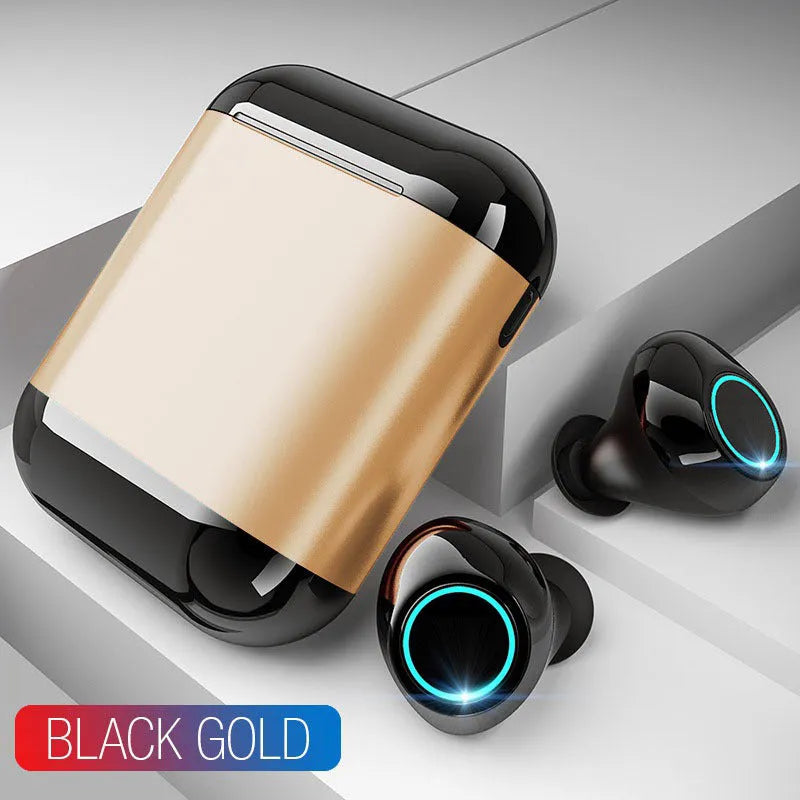 Black TWS Bluetooth wireless earbuds with charging case showing IP5X dust resistance rating