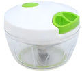 Green manual kitchen chopper with three stainless steel blades inside a clear 500ml bowl.