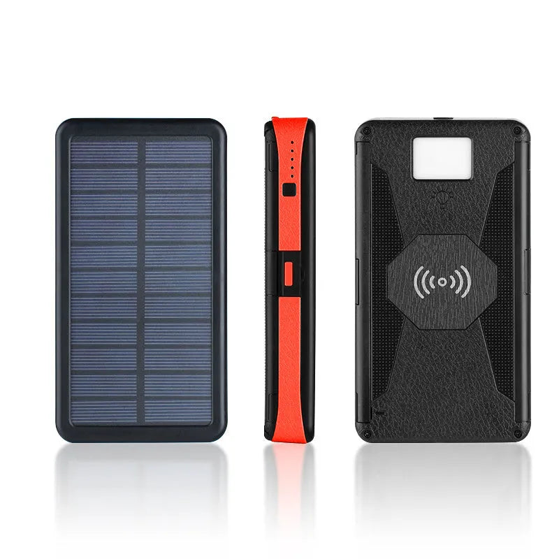 20000mAh magnetic solar power bank in black with IPX5 waterproof rating, showing solar panel and LED light