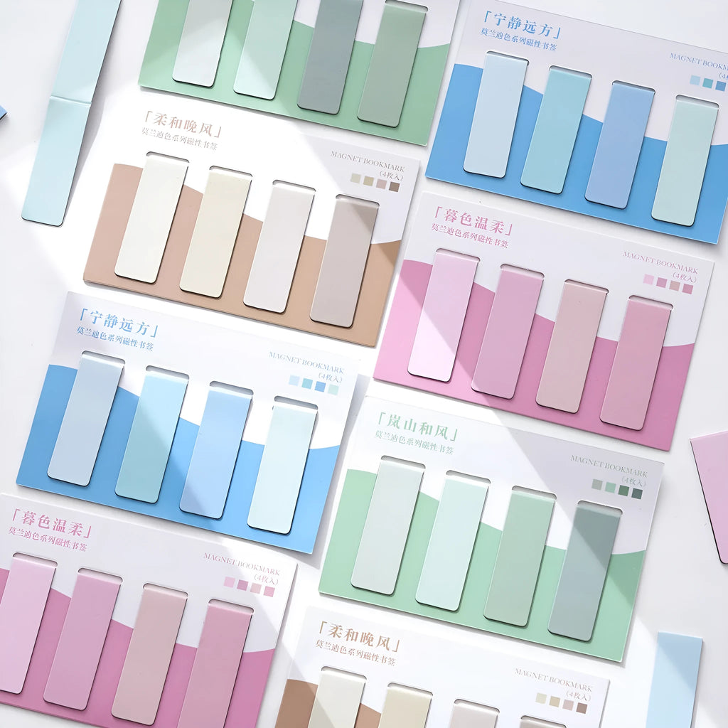 Four morandi colour block magnetic bookmarks in pastel shades showing miniature design