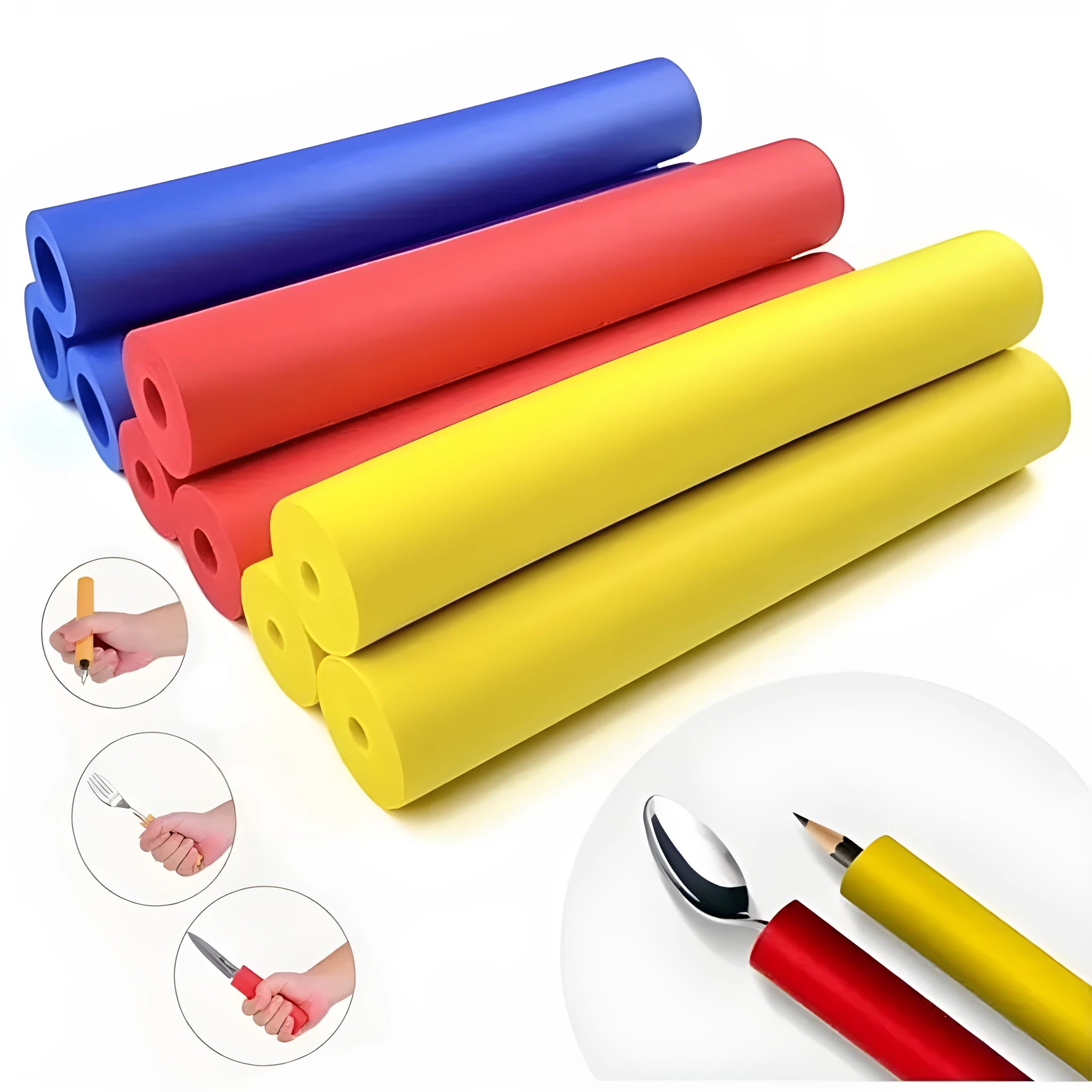 Pack of black rubber grip hoses for cutlery and pens showing inner and outer diameter.