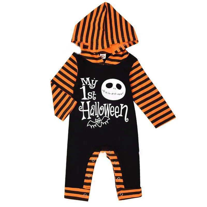 Black or brown cotton Halloween romper for children with long sleeves and a hood.