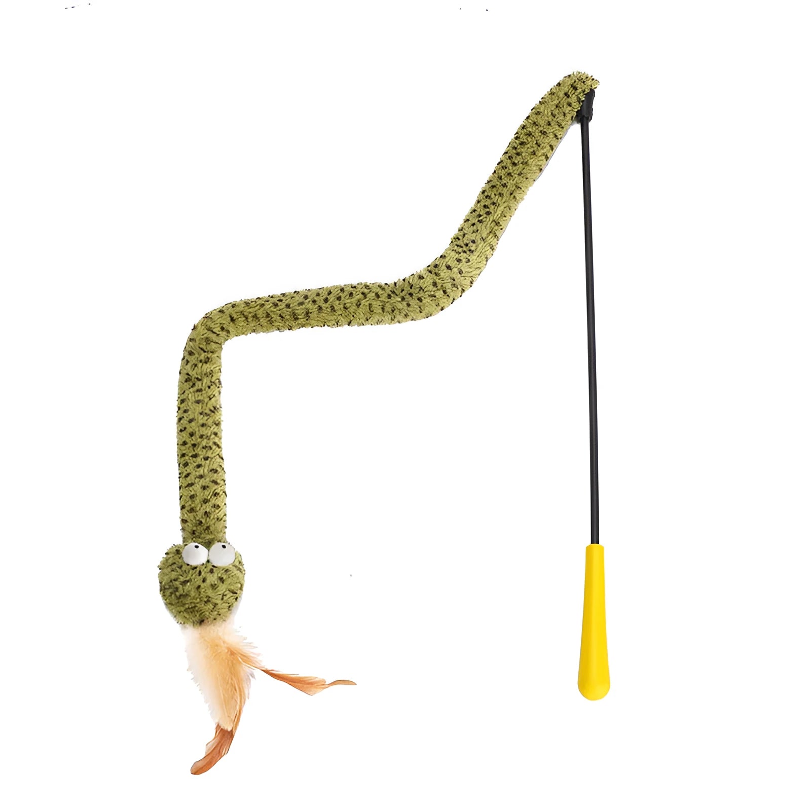 Green cat teasing stick with snake design and colourful feather attachments on 140 cm pole