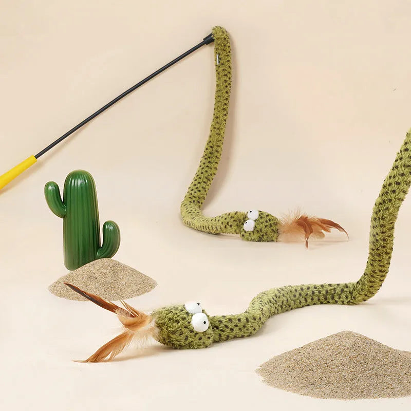 Green cat teasing stick with snake design and colourful feather attachments on 140 cm pole