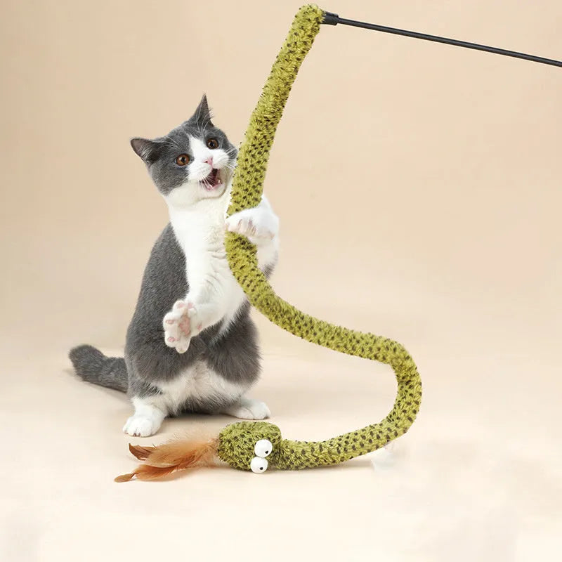 Green cat teasing stick with snake design and colourful feather attachments on 140 cm pole
