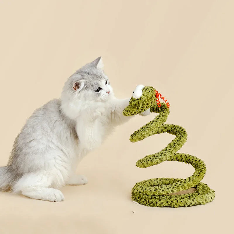 Green cat teasing stick with snake design and colourful feather attachments on 140 cm pole