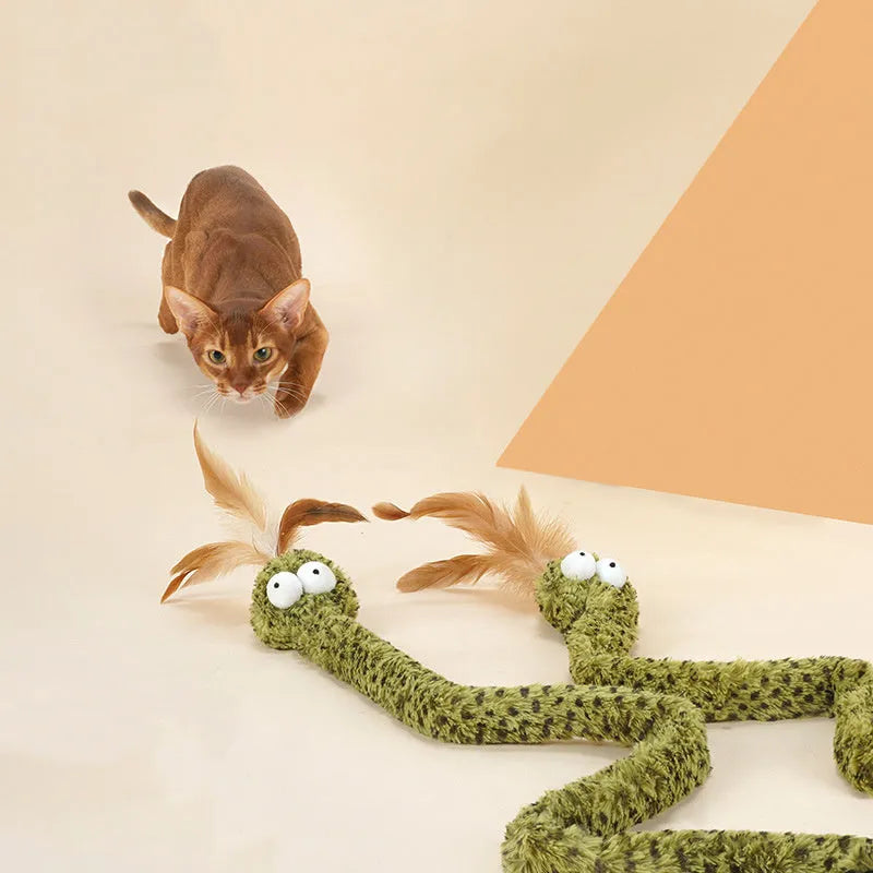 Green cat teasing stick with snake design and colourful feather attachments on 140 cm pole