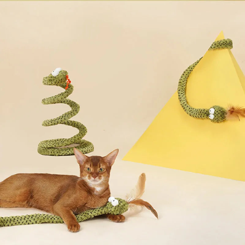 Green cat teasing stick with snake design and colourful feather attachments on 140 cm pole