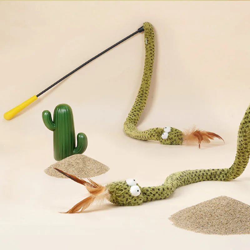 Green cat teasing stick with snake design and colourful feather attachments on 140 cm pole