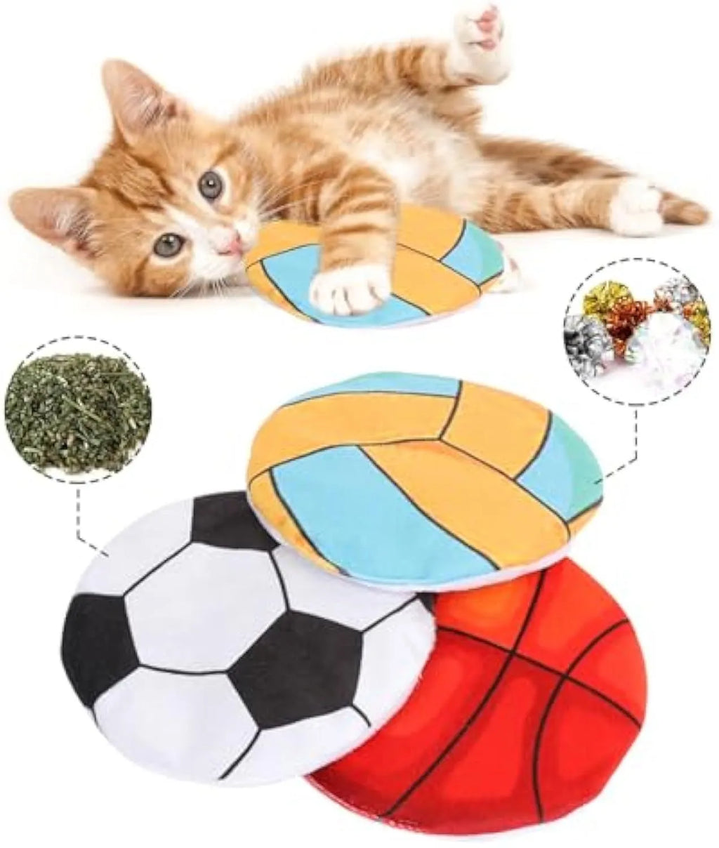 Soft plush cat flying disc toy with sports ball pattern, measuring 5cm