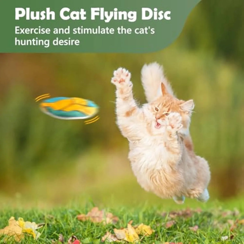 Soft plush cat flying disc toy with sports ball pattern, measuring 5cm