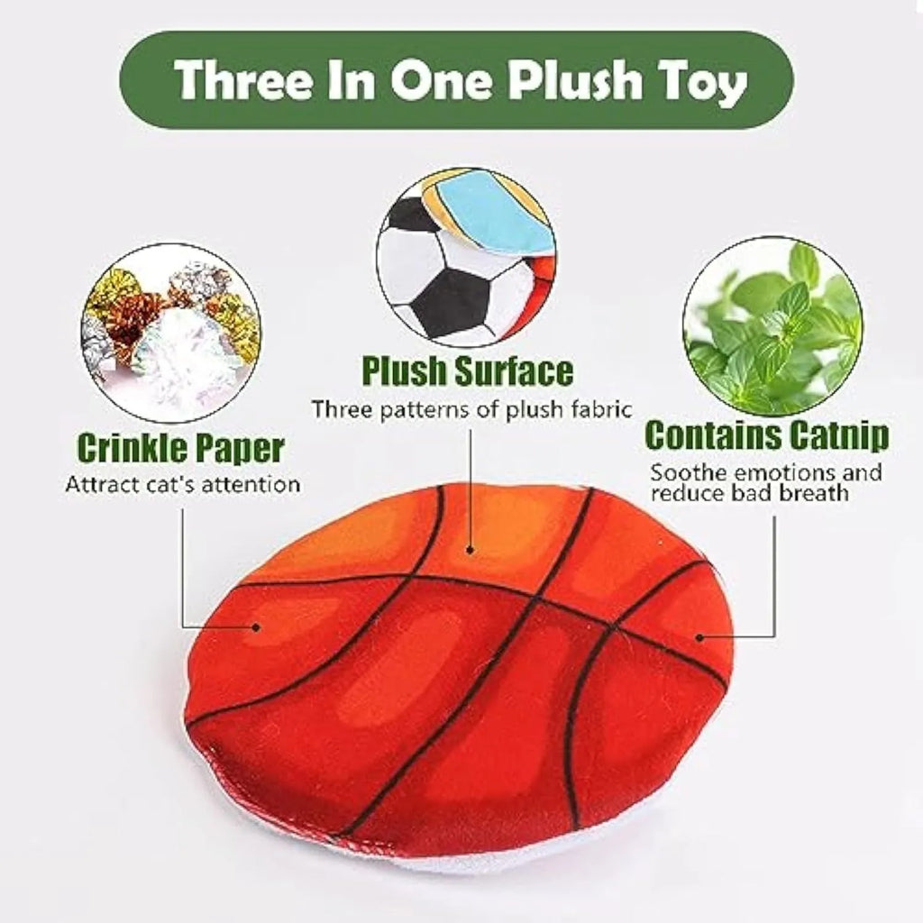 Soft plush cat flying disc toy with sports ball pattern, measuring 5cm