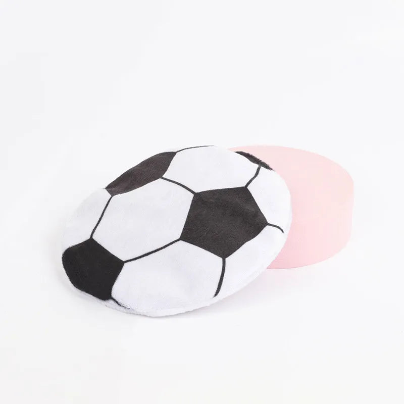 Soft plush cat flying disc toy with sports ball pattern, measuring 5cm