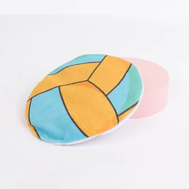 Soft plush cat flying disc toy with sports ball pattern, measuring 5cm
