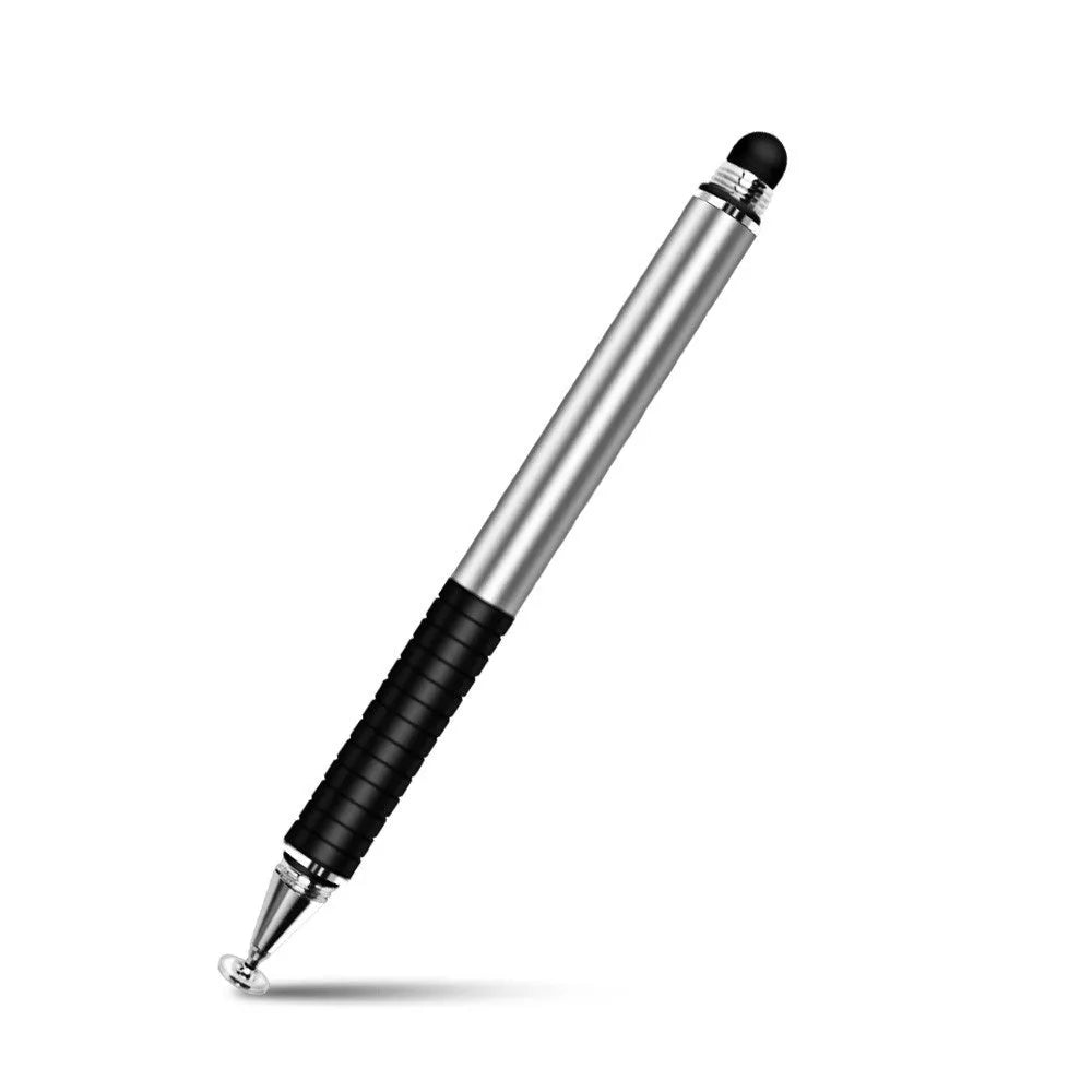 Metal capacitive stylus pen with two-in-one cloth and round tip in silver on a tablet screen