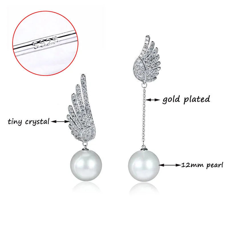 Silver angel wing earrings with diamond treatment and gold-plated gemstone accents
