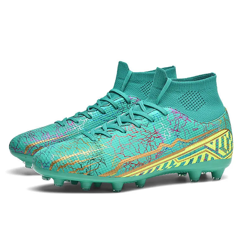 High-top youth spike turf soccer shoes in spike-black with rubber sole and PVC upper on artificial grass