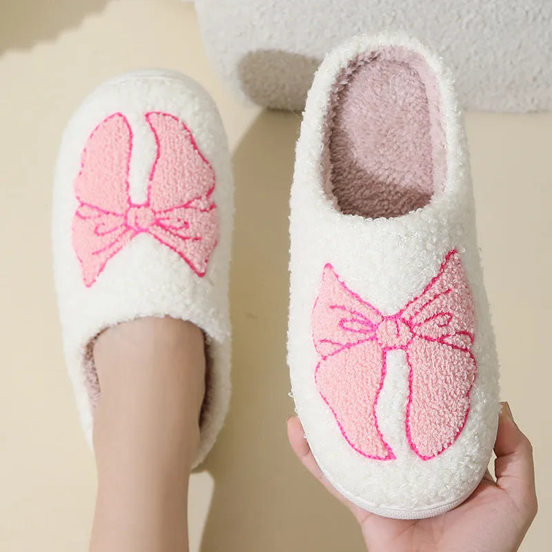 Pink and blue cartoon bow knot cotton slippers with suede upper and TPR sole